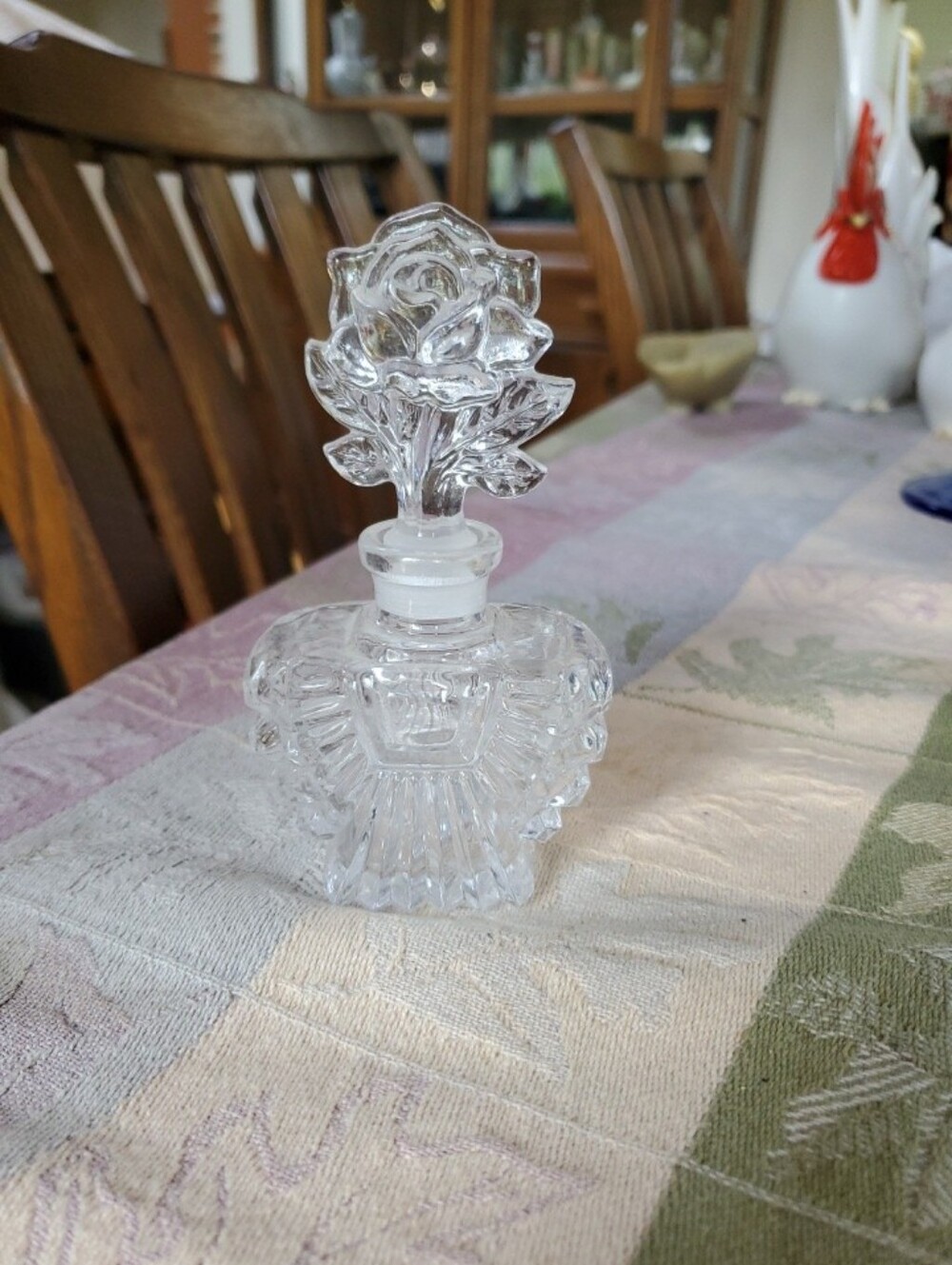 Vintage Perfume Bottle With Rose Stopper 5" Tall